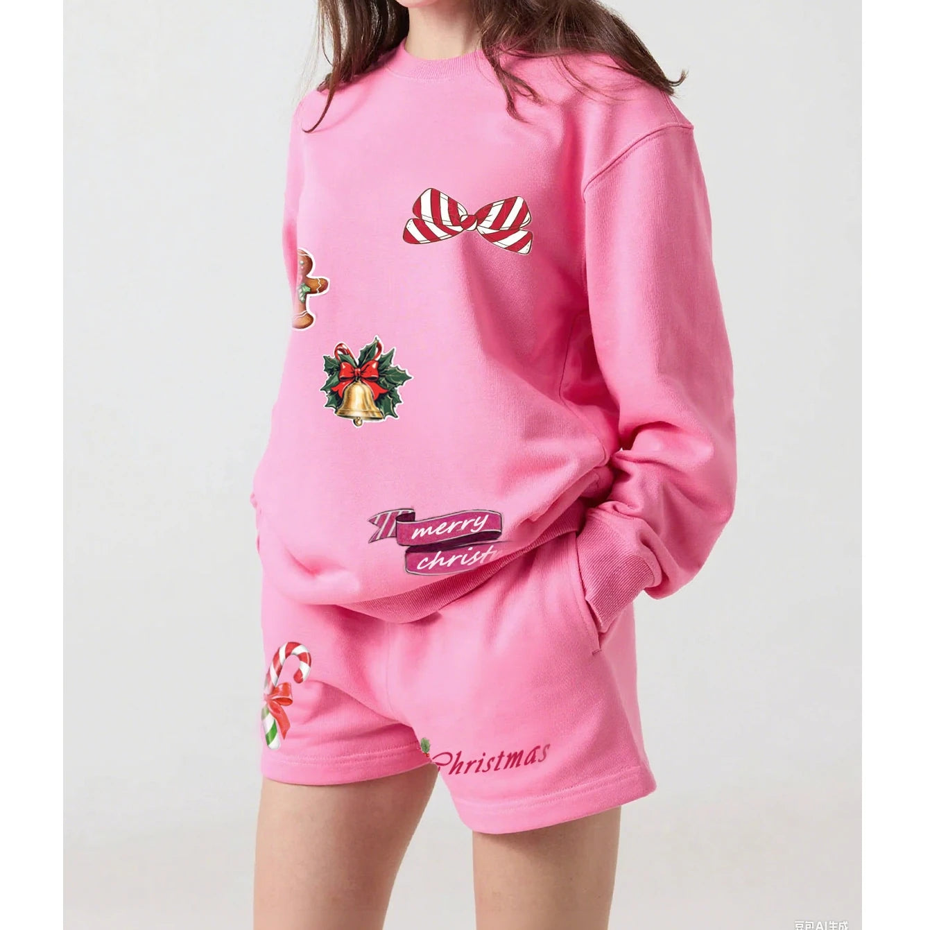 Pink Christmas-themed outfit with graphics