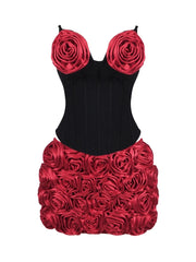 Red Satin 3d Rose Mini Skirt And Corset Top Set