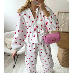Heart Print Long Sleeve Button Down Babydoll Shirt with Pants Loungewear Set