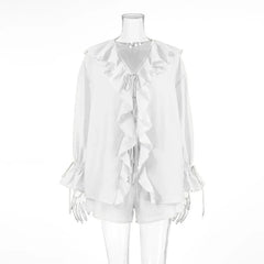 Ruffle Tie Up Shirt And Shorts Two Piece Set