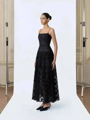 Black Pleated Strappy Mesh Hem Maxi Dress