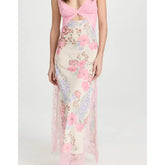 Floral Print Lace Patchwork Cutout V-Neck Midi Dress