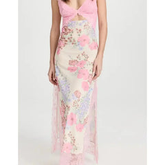 Floral Print Lace Patchwork Cutout V-Neck Midi Dress