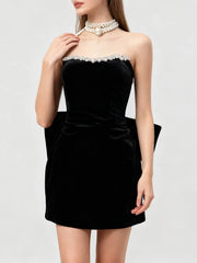 Black Diamonds Trim Velvet Strapless Bowknot Mini Dress