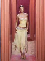 Yellow Diamonds Lace-up Top And Irregular Hem Midi Skirt Set