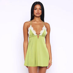 Green Lace Trim Cami Slip Mini Dress