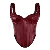 Maroon leather corset on a white background