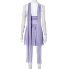 Purple See Through Strapless Pleated Mini Dress with Scarf