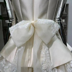 White Satin Square Collar Detachable Lace Bow Frill Hem Mini Dress