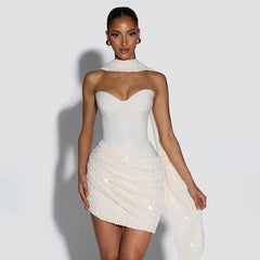 Scarf Collar Sequin Strapless Mini Dress