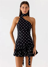 Black Polka Dot Wrap Around Puff Hem Mini Dress