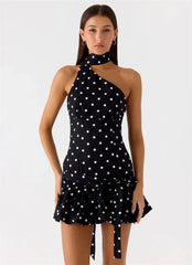 Black Polka Dot Wrap Around Puff Hem Mini Dress