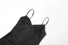 Satin Rhinestone Desgin Strappy Frill Midi Dress