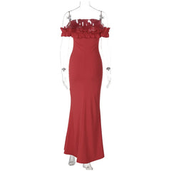 3D Flower Off Shoulder Long Dress
