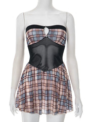 Plaid Mesh Patchwork Strapless Mini Dress