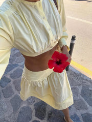 Round Neck Long Sleeve Crop Top And Low Waist Midi A Line Skirt Two Piece Set