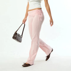 Side Drawstring Ruched Fold Over Waist Yoga Pant Flare Leggings