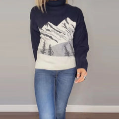 High-Necked Knitted Mountain Print Sweater