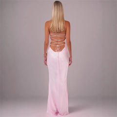 Sequin Strap Lace Up Back Satin Maxi Dress