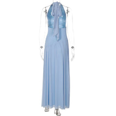 Blue Halter Deep V Neck Tie Up Ruched Waist Maxi Dress