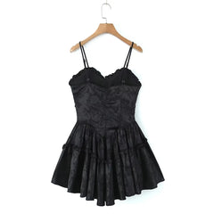 Black Jaqquared Print Spaghetti Strap A-line Mini Dress