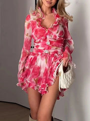 Printed Pink Long Sleeve Ruffles Edge Mini Dress