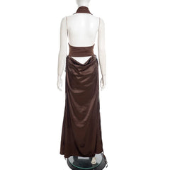 Halter Deep V Neck Top And Maxi Skirt Satin Ruched Set