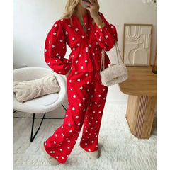 Heart Print Long Sleeve Button Down Babydoll Shirt with Pants Loungewear Set