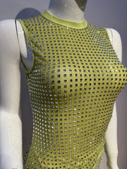 Green O Neck Sleeveless Crystal Top And Mesh Midi Skirt Set