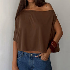 Solid Slant Collar One Shoulder Loose Top