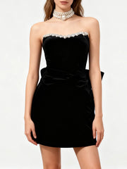 Black Diamonds Trim Velvet Strapless Bowknot Mini Dress
