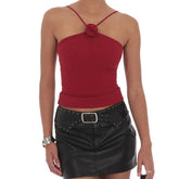 Red top and black leather skirt - full view