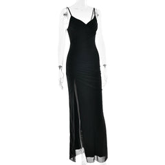 Black Mesh V-neck Strappy High Slit Maxi Dress