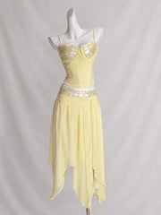 Yellow Diamonds Lace-up Top And Irregular Hem Midi Skirt Set