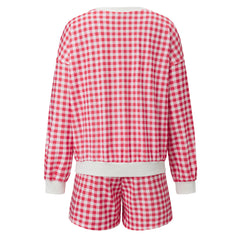 Gingham Long Sleeve Crew Neck Sweatshirt And Drawstring Shorts Set