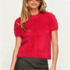 Fuzzy Cropped Short Sleeve Top