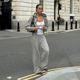 Grey Knitted Zipper Hooded Jacket And Wide Leg Pants Set