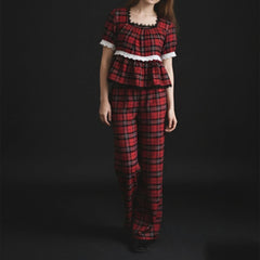 Plaid Short Sleeve Square Neck Top with Elastic Waist Wide Leg Pants Set