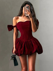 Sequin Bow Puffy Mini Dress