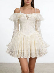 White Off The Shoulder Lace Ruffles Mini Dress