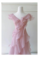 Pink Butterfly Sleeve Asymmetrical V-neck Tiered Ruffle Midi Dress