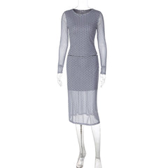 Polka Dot Mesh Top And Midi See-through Skirt Set