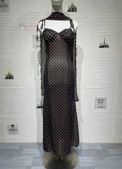 Black Polka Dot Sweetheart Neck Spaghetti Strap Scarf Maxi Dress