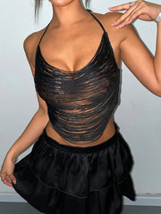 Black Tassel Cowl Open Back Top