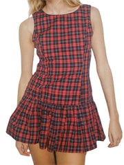 Plaid Print Round Neck Ruffles Hem Sleeveless Mini Dress