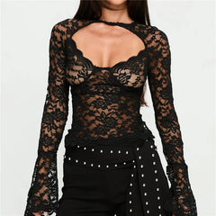 Lace Sheer Long Sleeve Cutout Neckline Blouse
