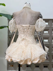 Off Shoulder Puff Sleeves Floral Bubble Mini Dress