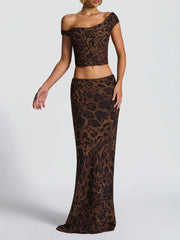 Leopard Print Off Shoulder Crop Top And Maxi Skirt Set