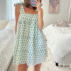 Floral Tie Square Neck Flare Mini Dress