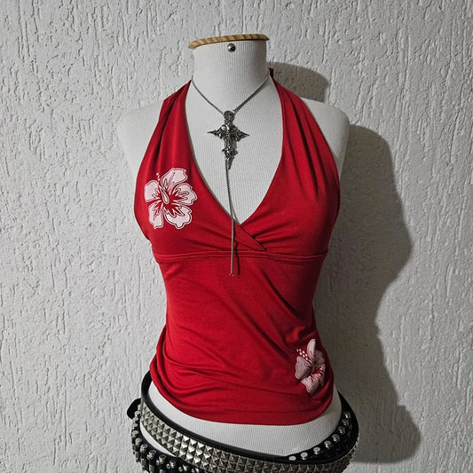 Red Halter Hibiscus Print Top